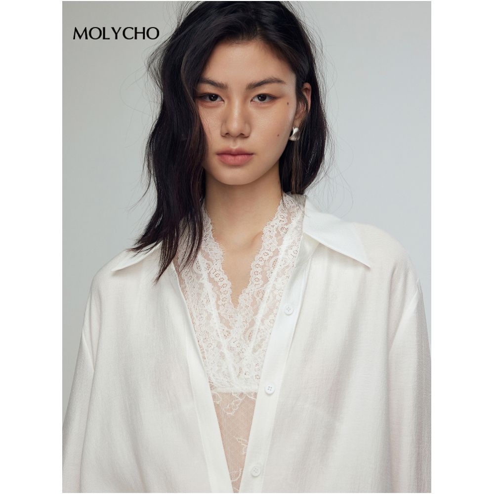 MOLYCHO French white lace shirt two piece set for women s summer sexy slightly transparent top loose shirt set image 5