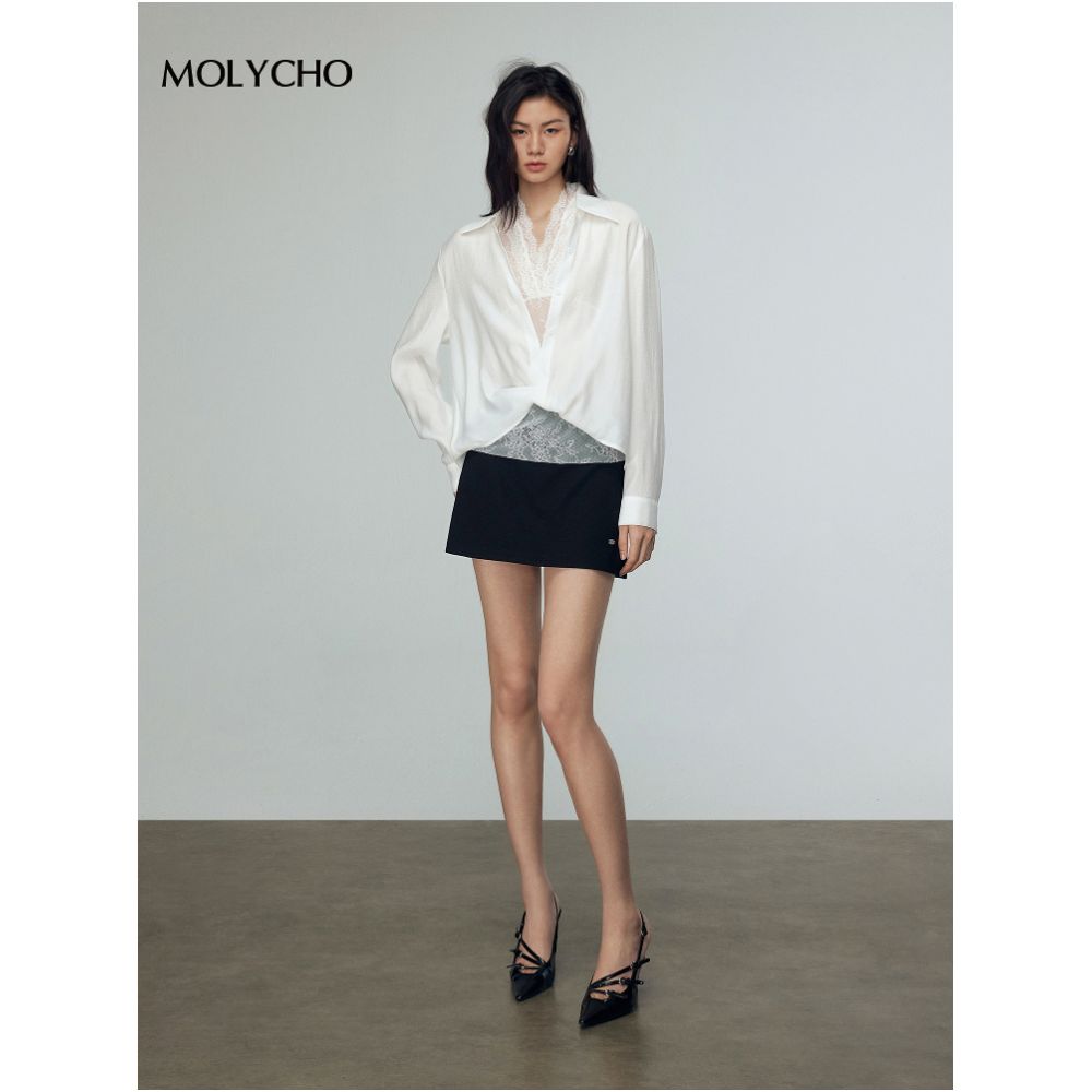 MOLYCHO French white lace shirt two piece set for women s summer sexy slightly transparent top loose shirt set image 6