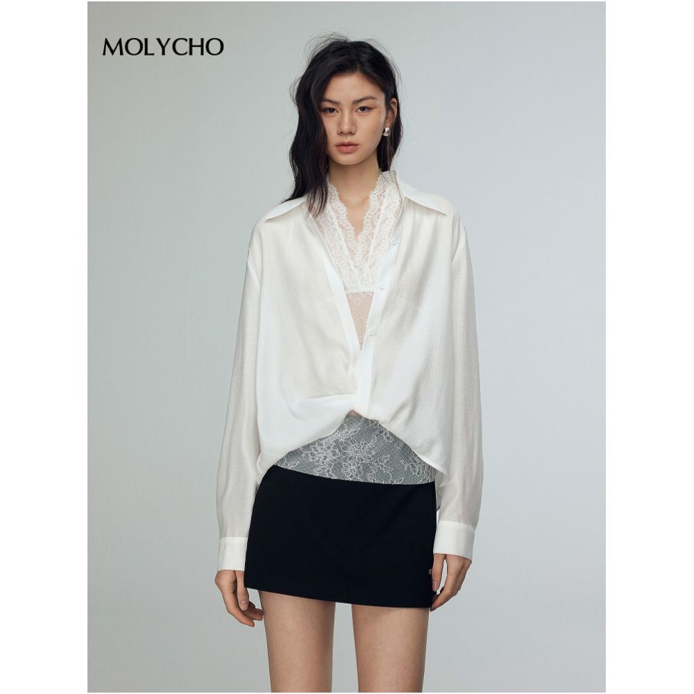 MOLYCHO French white lace shirt two piece set for women s summer sexy slightly transparent top loose shirt set image 7