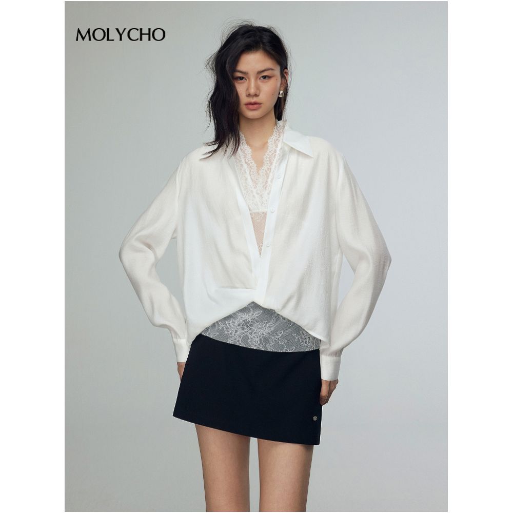 MOLYCHO French white lace shirt two piece set for women s summer sexy slightly transparent top loose shirt set image 0