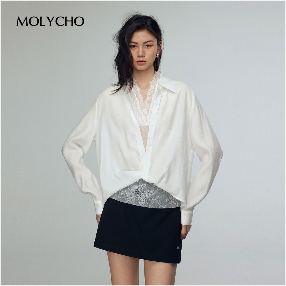 MOLYCHO French white lace shirt two piece set for women s summer sexy slightly transparent top loose shirt set image 13