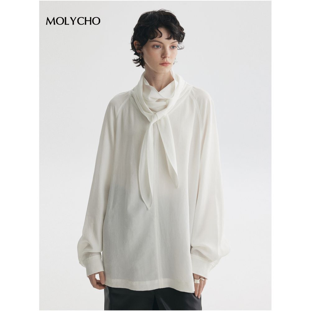 MOLYCHO Lazy Air Feel Lightweight and Fluffy Swinging Collar Ribbon Shirt Loose silhouette Shirt Top image 1