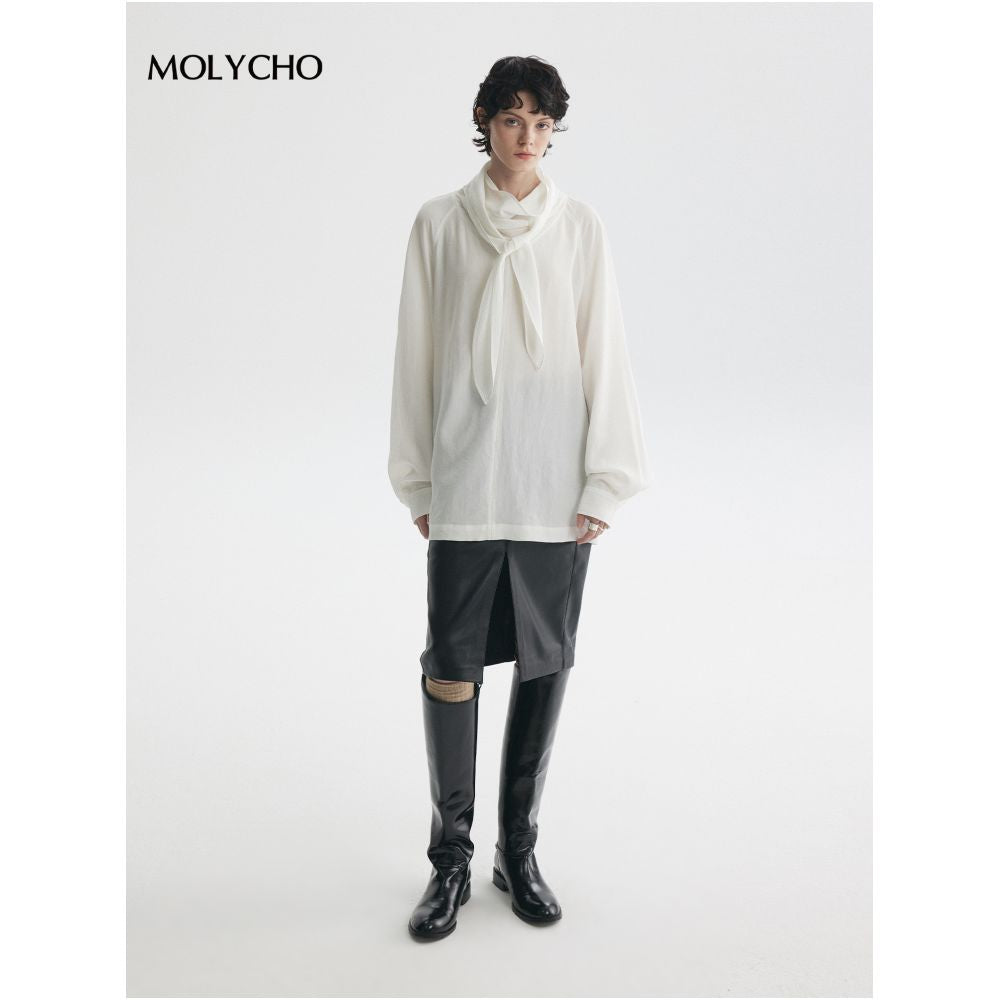 MOLYCHO Lazy Air Feel Lightweight and Fluffy Swinging Collar Ribbon Shirt Loose silhouette Shirt Top image 3
