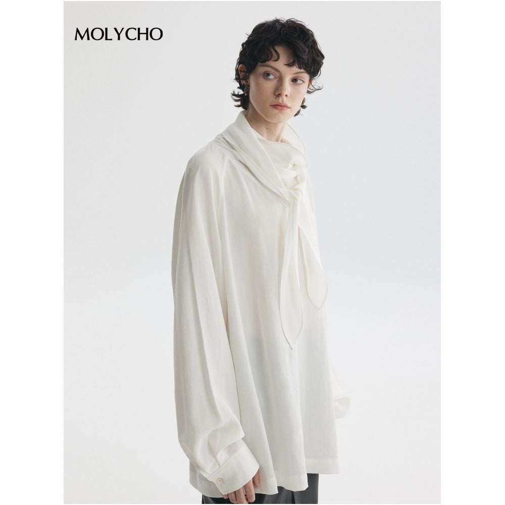 MOLYCHO Lazy Air Feel Lightweight and Fluffy Swinging Collar Ribbon Shirt Loose silhouette Shirt Top image 4