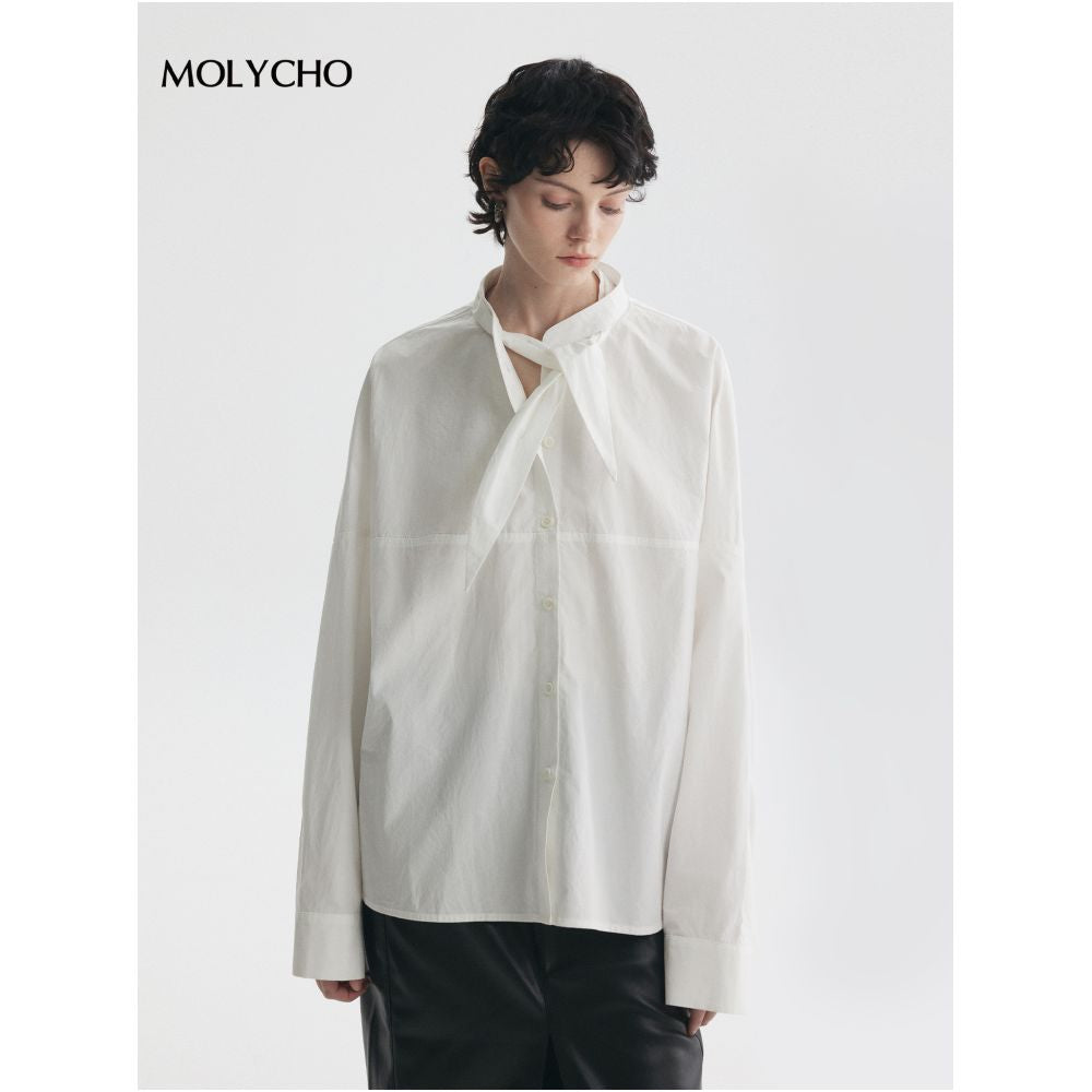 MOLYCHO Lightweight and Transparent Fashionable French White Shirt with Women s Collar Knot and Ribbon Shaped Texture Top image 1