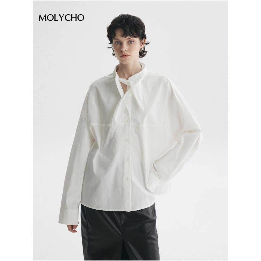 MOLYCHO Lightweight and Transparent Fashionable French White Shirt with Women s Collar Knot and Ribbon Shaped Texture Top image 2