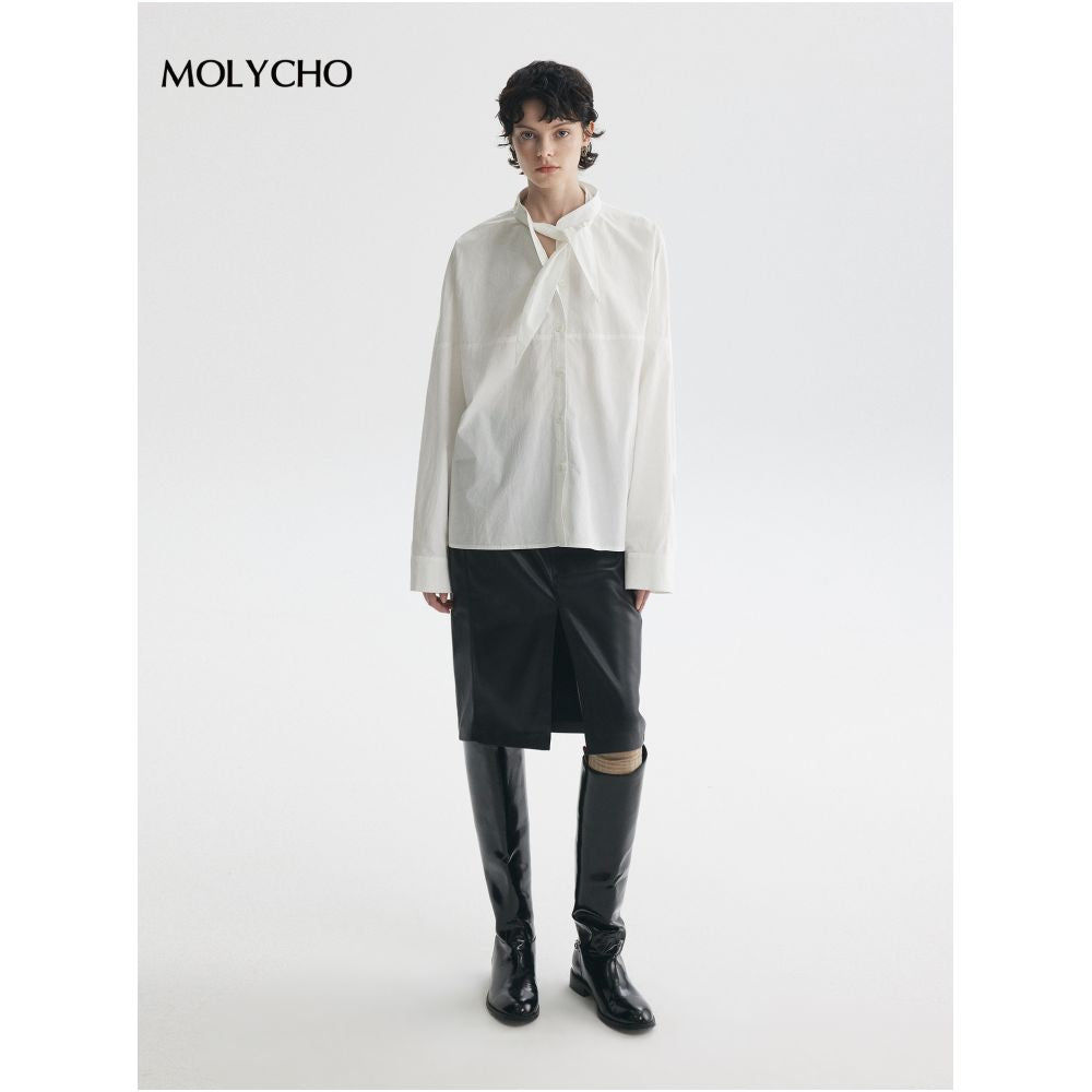 MOLYCHO Lightweight and Transparent Fashionable French White Shirt with Women s Collar Knot and Ribbon Shaped Texture Top image 3