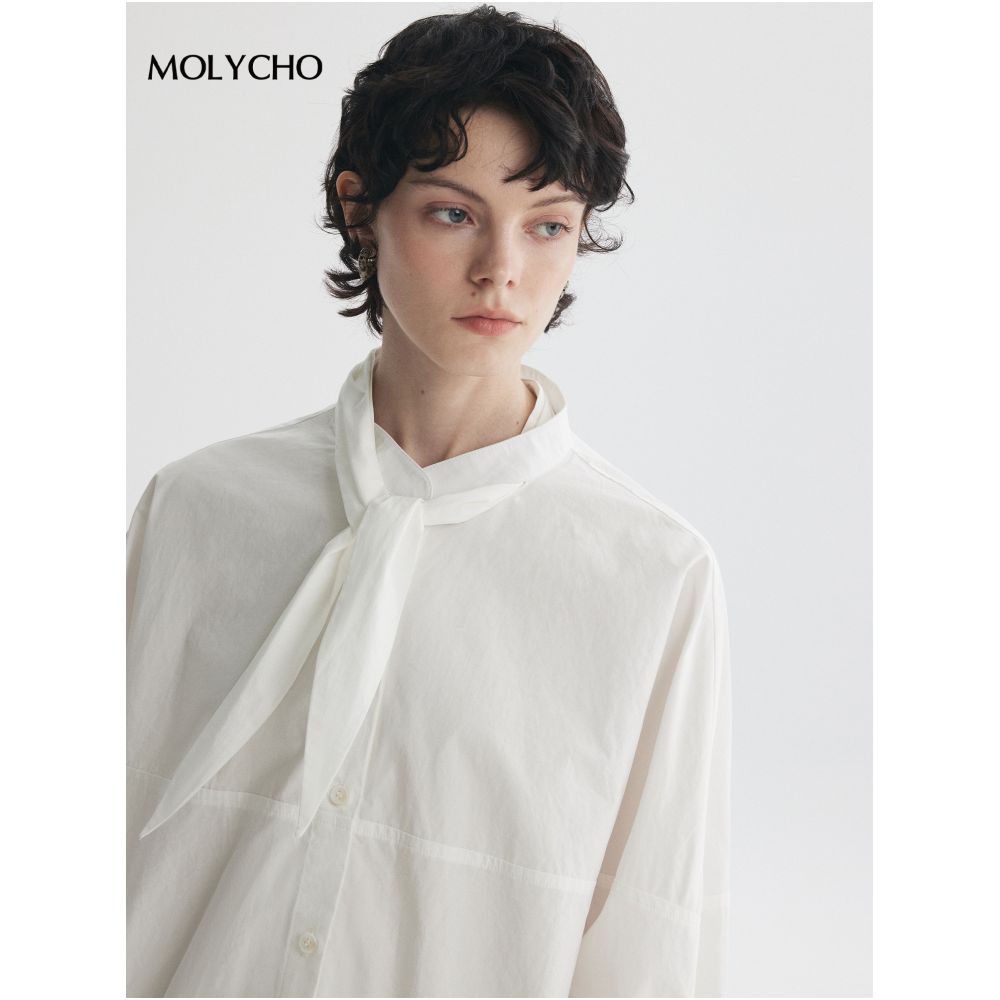 MOLYCHO Lightweight and Transparent Fashionable French White Shirt with Women s Collar Knot and Ribbon Shaped Texture Top image 4