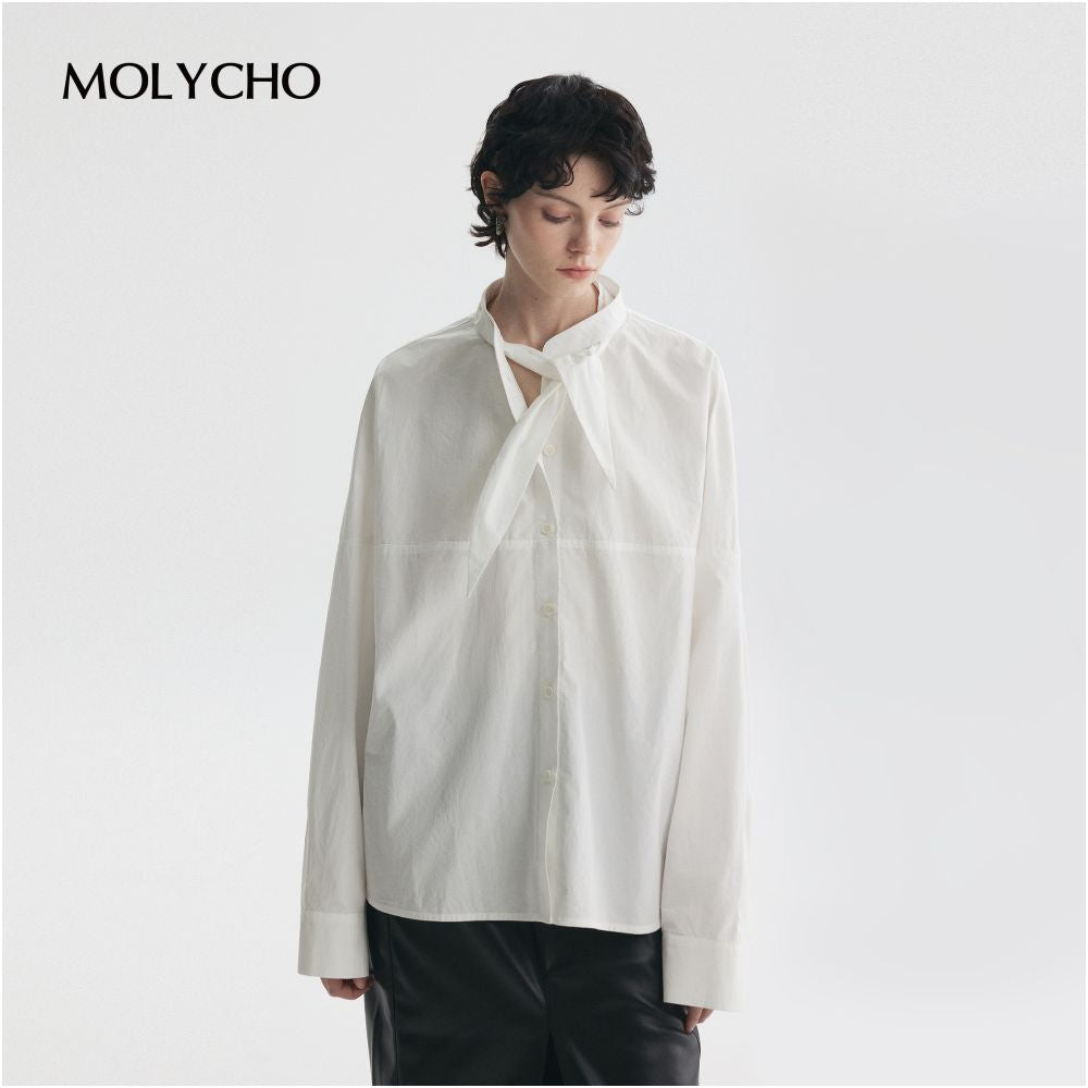 MOLYCHO Lightweight and Transparent Fashionable French White Shirt with Women s Collar Knot and Ribbon Shaped Texture Top image 6