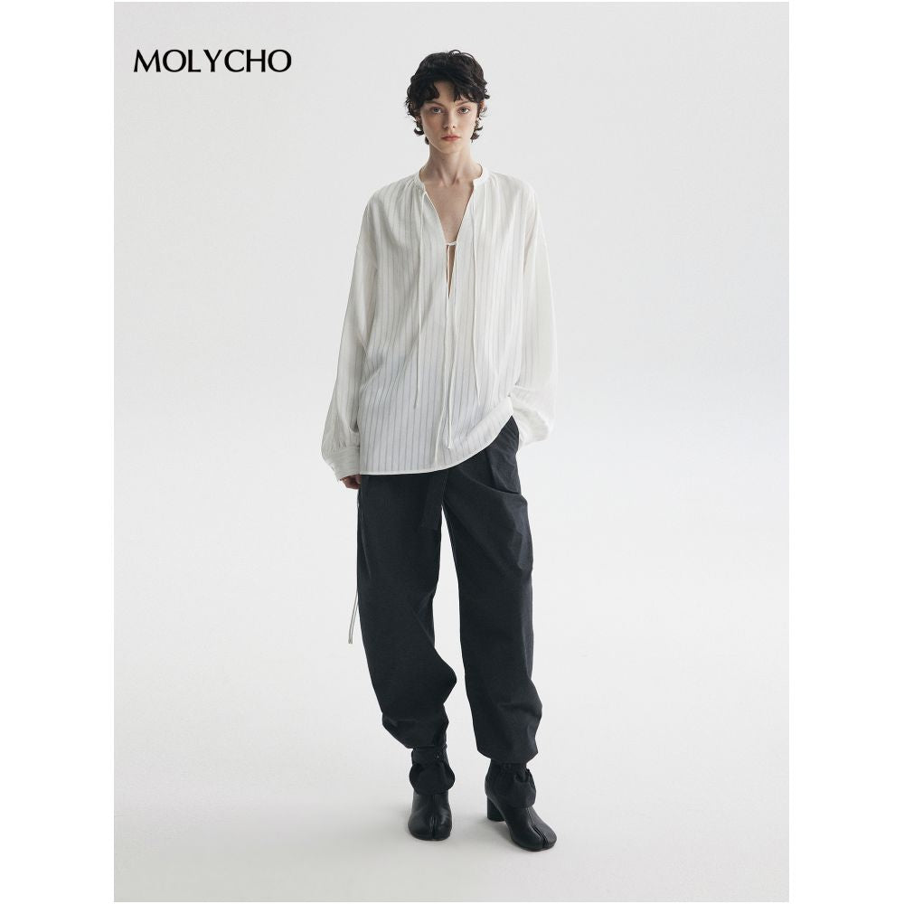 MOLYCHO Vaguely Transparent White Satin High End Shirt Women s Deep V neck Striped Shirt Tie Up Top image 2
