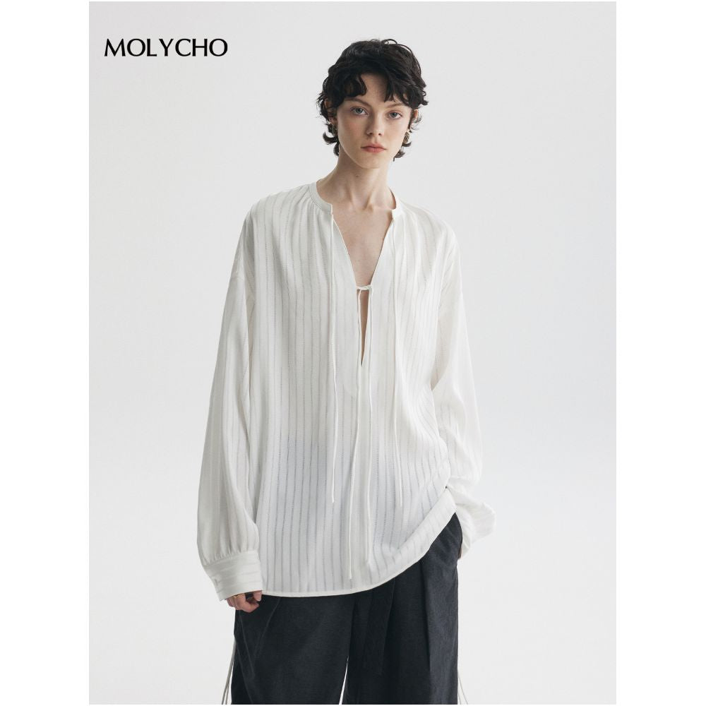 MOLYCHO Vaguely Transparent White Satin High End Shirt Women s Deep V neck Striped Shirt Tie Up Top image 3