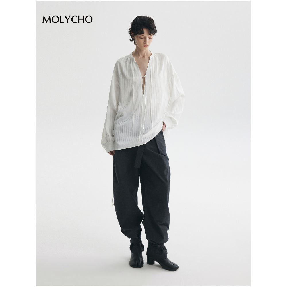 MOLYCHO Vaguely Transparent White Satin High End Shirt Women s Deep V neck Striped Shirt Tie Up Top image 4