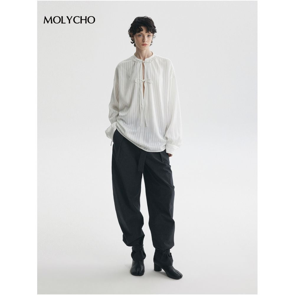 MOLYCHO Vaguely Transparent White Satin High End Shirt Women s Deep V neck Striped Shirt Tie Up Top image 5