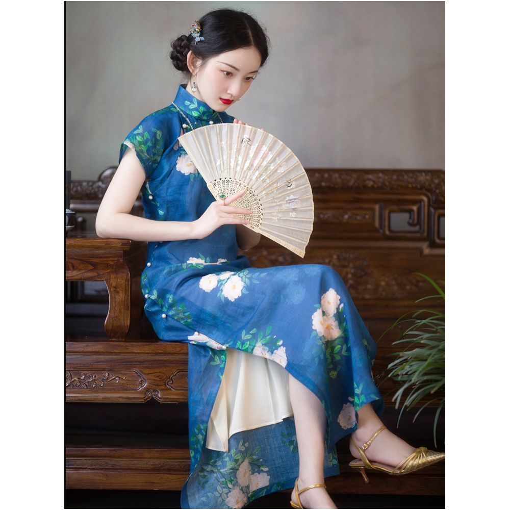 Weimanyuan Fragrance One City Wind Plush Tencel Hemp Printed Ancient French Republic Style Flat Cut One Piece Cheongsam Female Original image 11