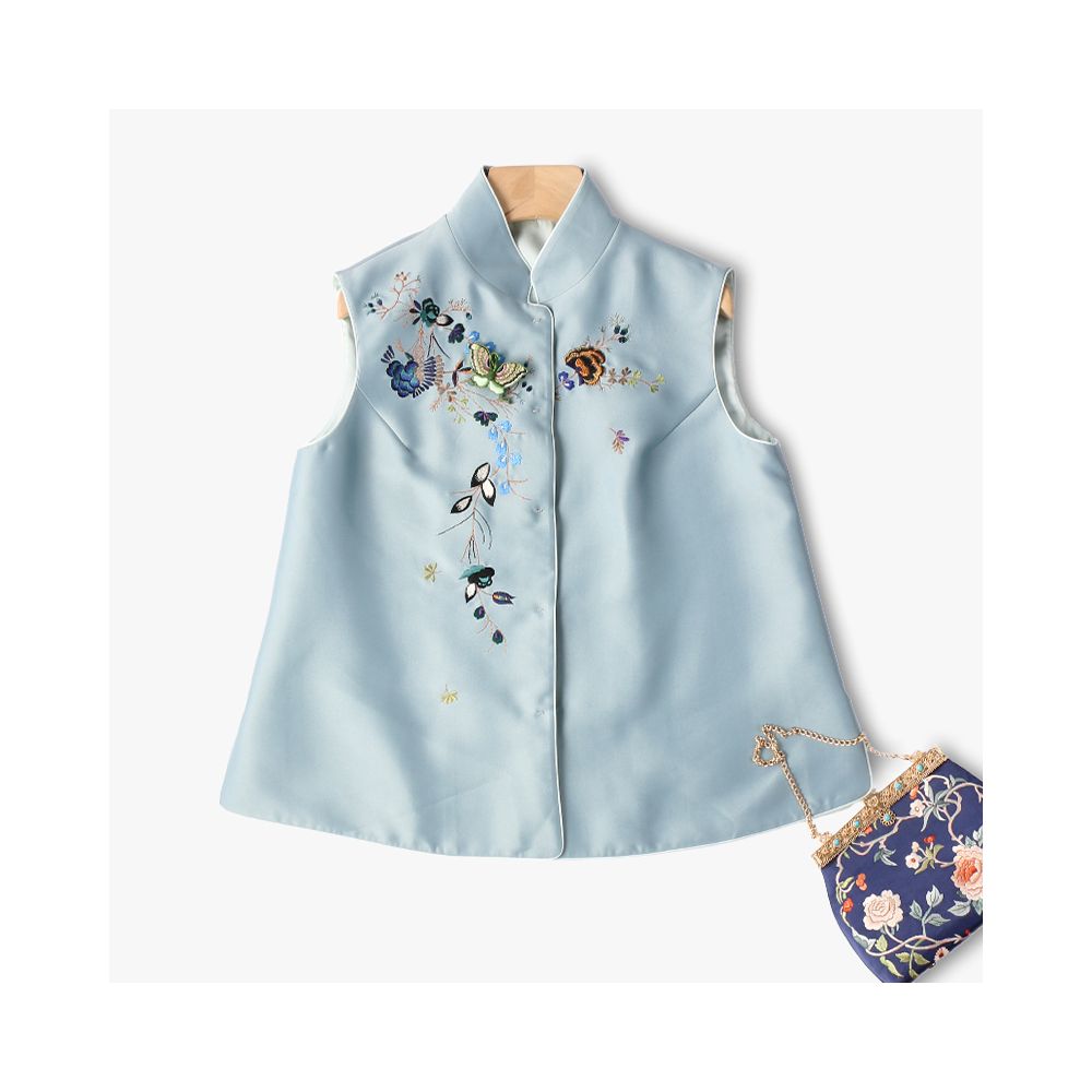 Asaya1577 Town Store Baby PCY1380 Chinese Retro Stand up Collar Double breasted Vest Embroidered Camry Shoulder Embroidered Small Shirt Spring and Autumn Winter Women
