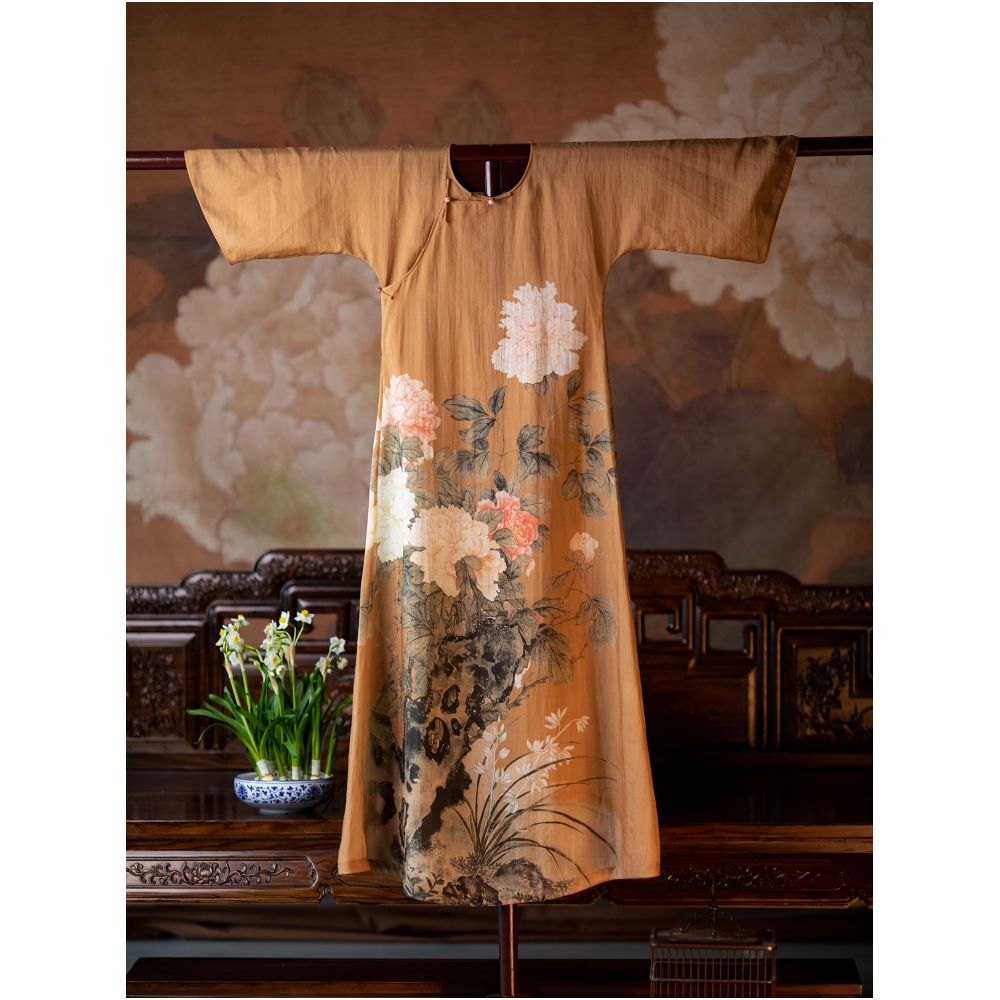 Fragrant Painting Scroll One City Style Plush Summer Republic of China Style Retro No Collar Inverted Big Sleeve Half Open Cheongsam Dress image 3