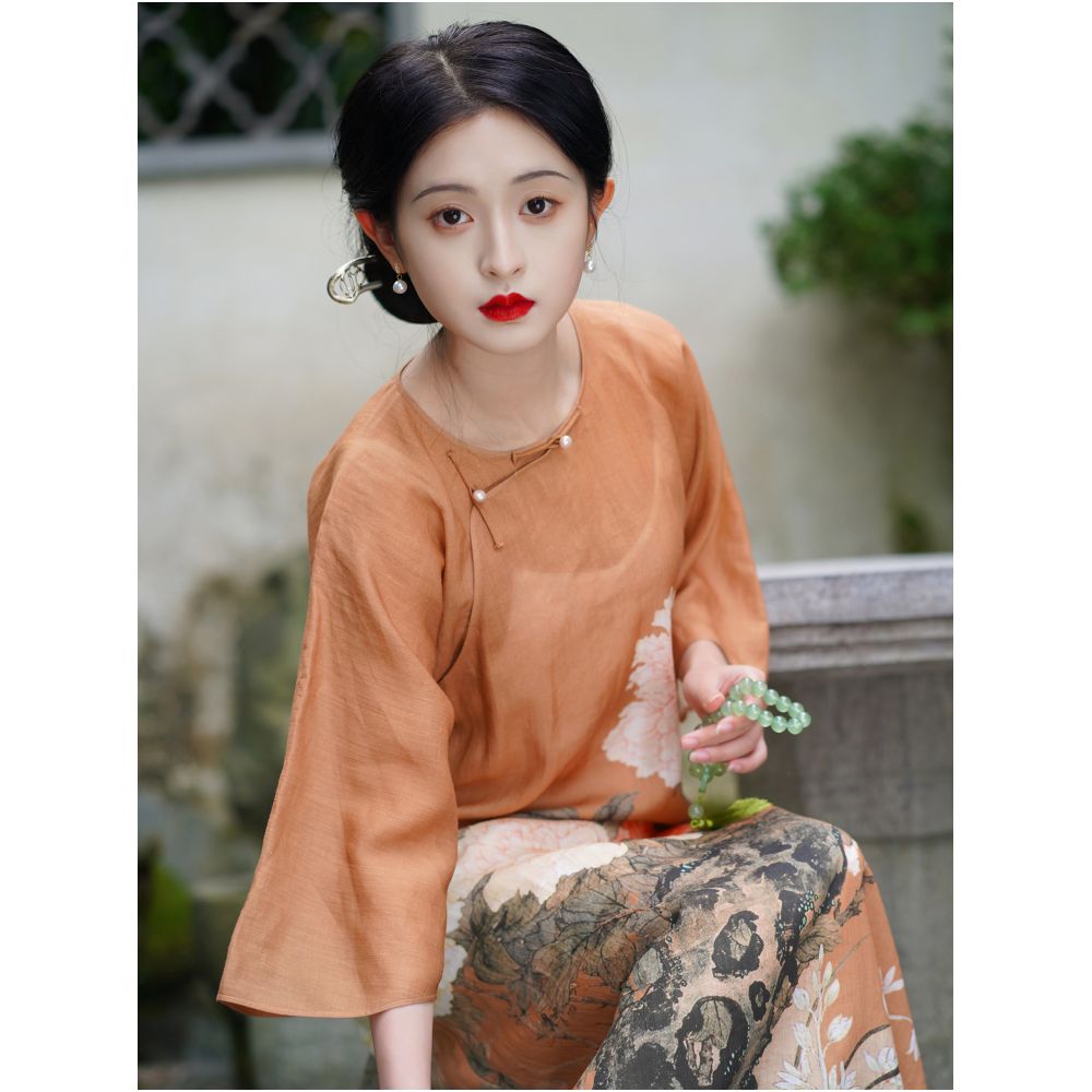 Fragrant Painting Scroll One City Style Plush Summer Republic of China Style Retro No Collar Inverted Big Sleeve Half Open Cheongsam Dress image 0