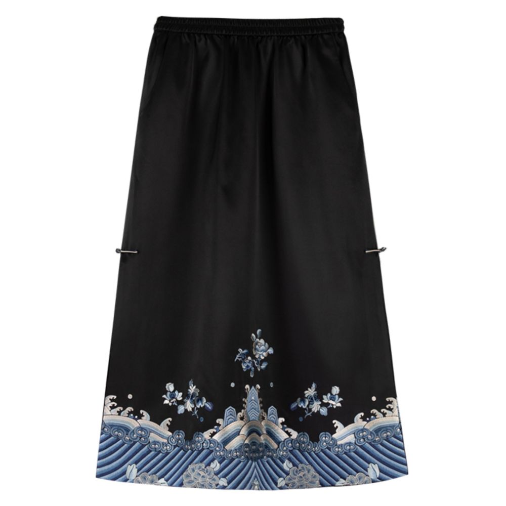 Autumn Water and Spring Clouds A City of Wind and Catkins Black Silk Chinese Retro Temperament All match Embroidered Women s Skirt Daily image 5