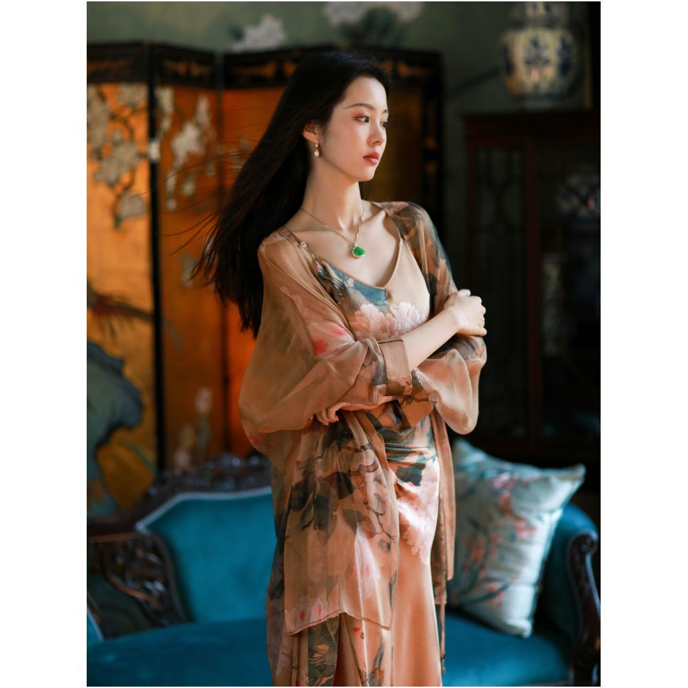 Evening Flowers Misty One City Wind Plush Silk Smooth Wrinkle Retro Printed Lightweight Loose Breathable Long Cardigan image 1