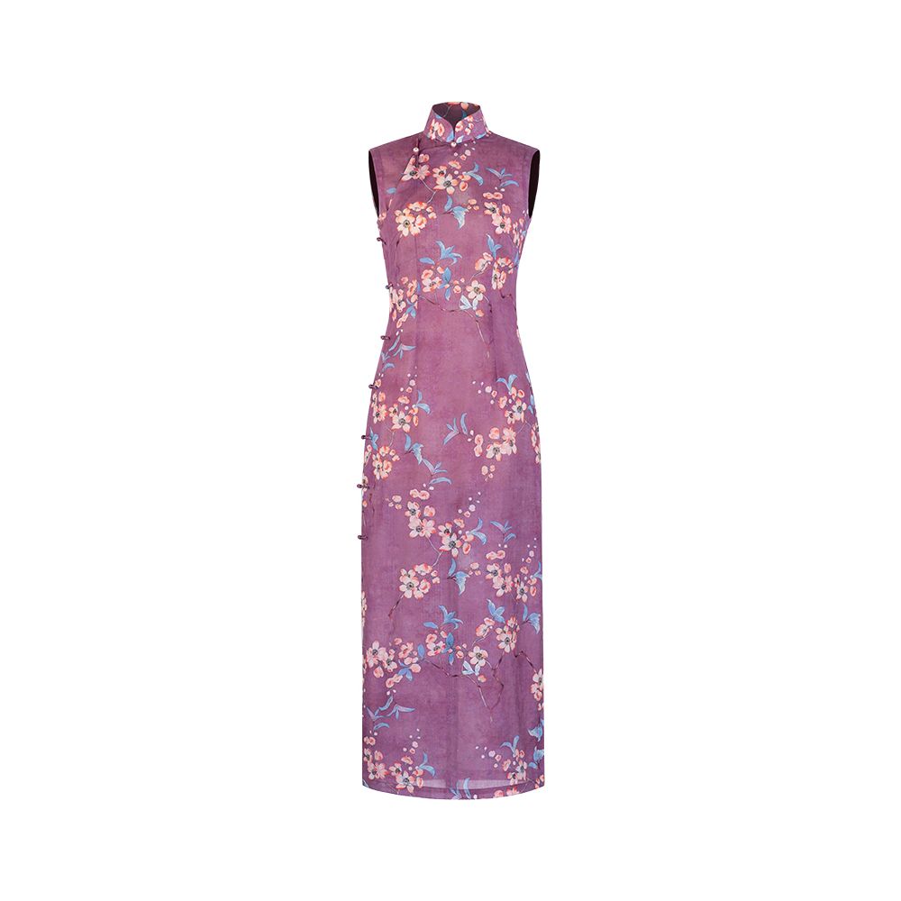 Peach Blossom Blooming One City Style Retro Republic of China Style Printed Stand up Collar Fully Open Collar Pan Button Sleeveless Cheongsam image 11