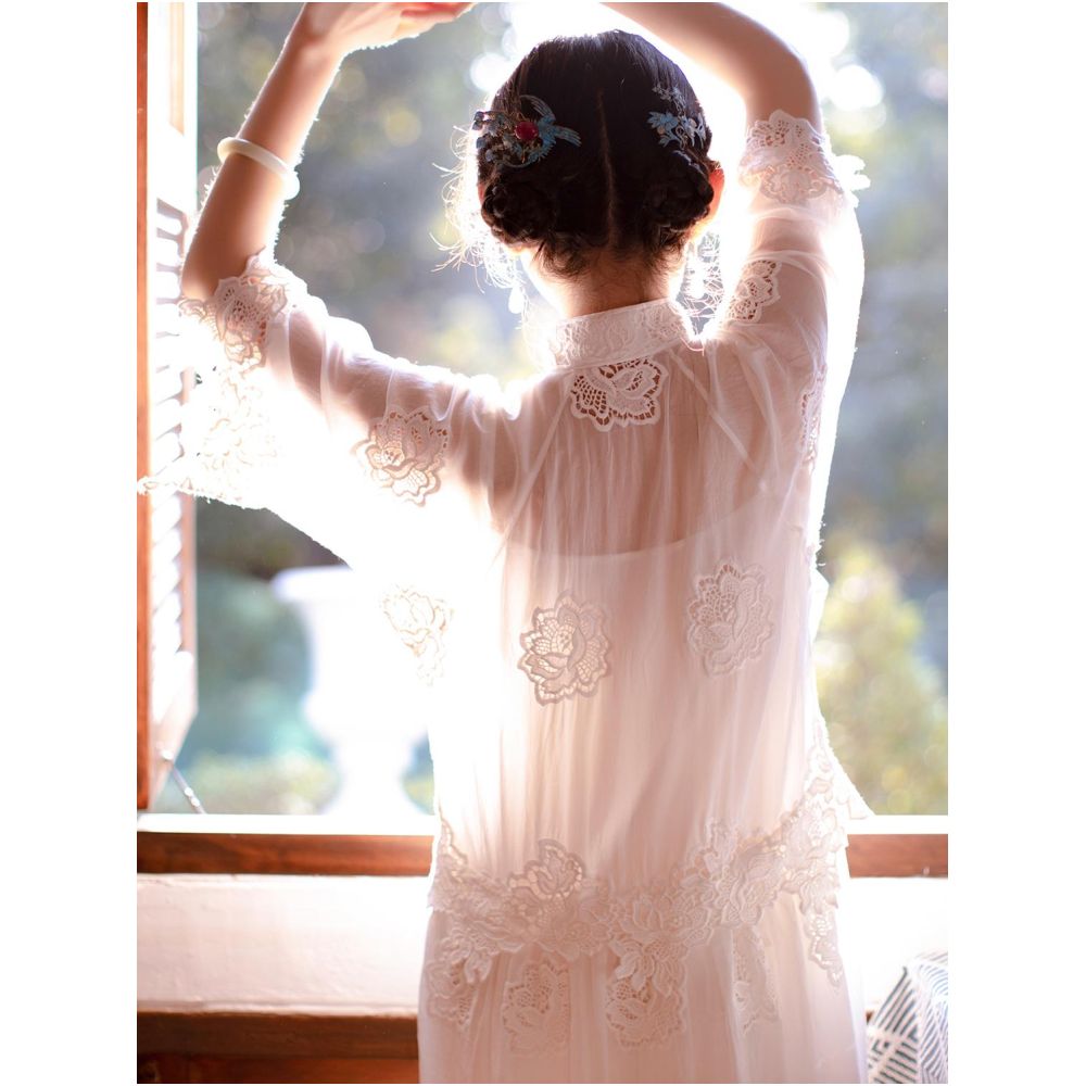 White Moon Light One City Wind Plush Spring and Summer Silk and Cotton Heavy Industry Embroidery Flower Retro Young Long Style Dress image 2