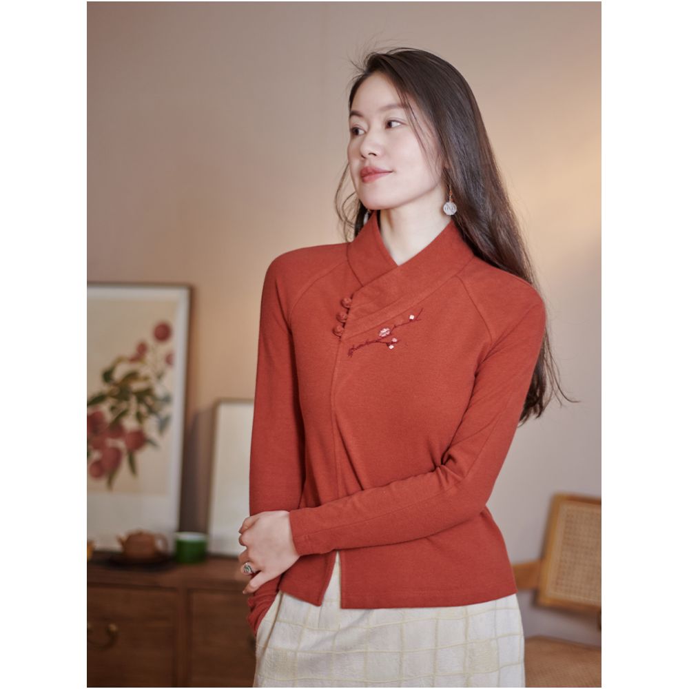 Moshang Flower Blossom Blossom Blossom Fourteen Hanfu National Style China Chic Knitted Cotton Embroidered T shirt Backing Shirt image 1