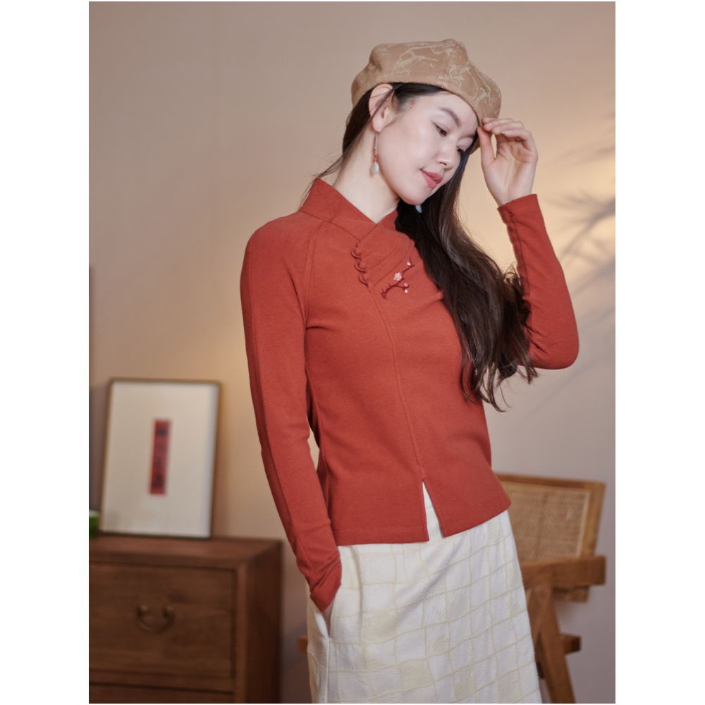 Moshang Flower Blossom Blossom Blossom Fourteen Hanfu National Style China Chic Knitted Cotton Embroidered T shirt Backing Shirt image 2