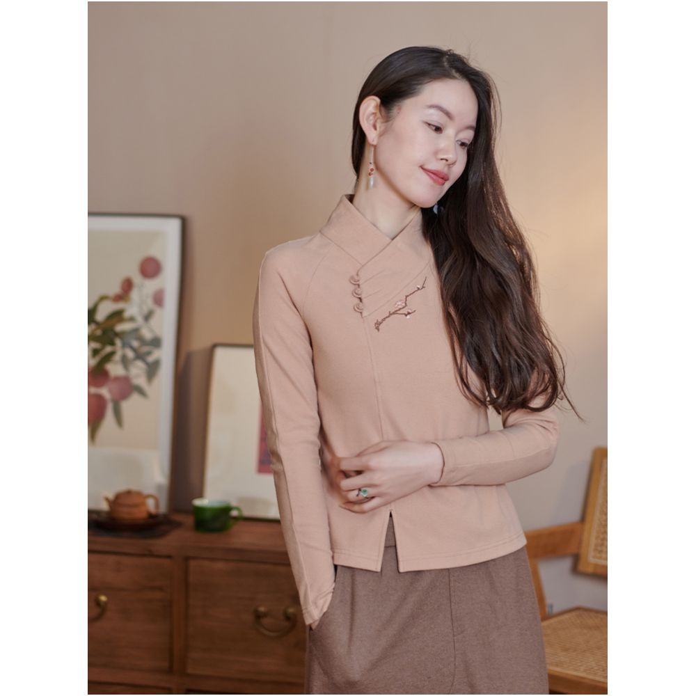 Moshang Flower Blossom Blossom Blossom Fourteen Hanfu National Style China Chic Knitted Cotton Embroidered T shirt Backing Shirt image 4