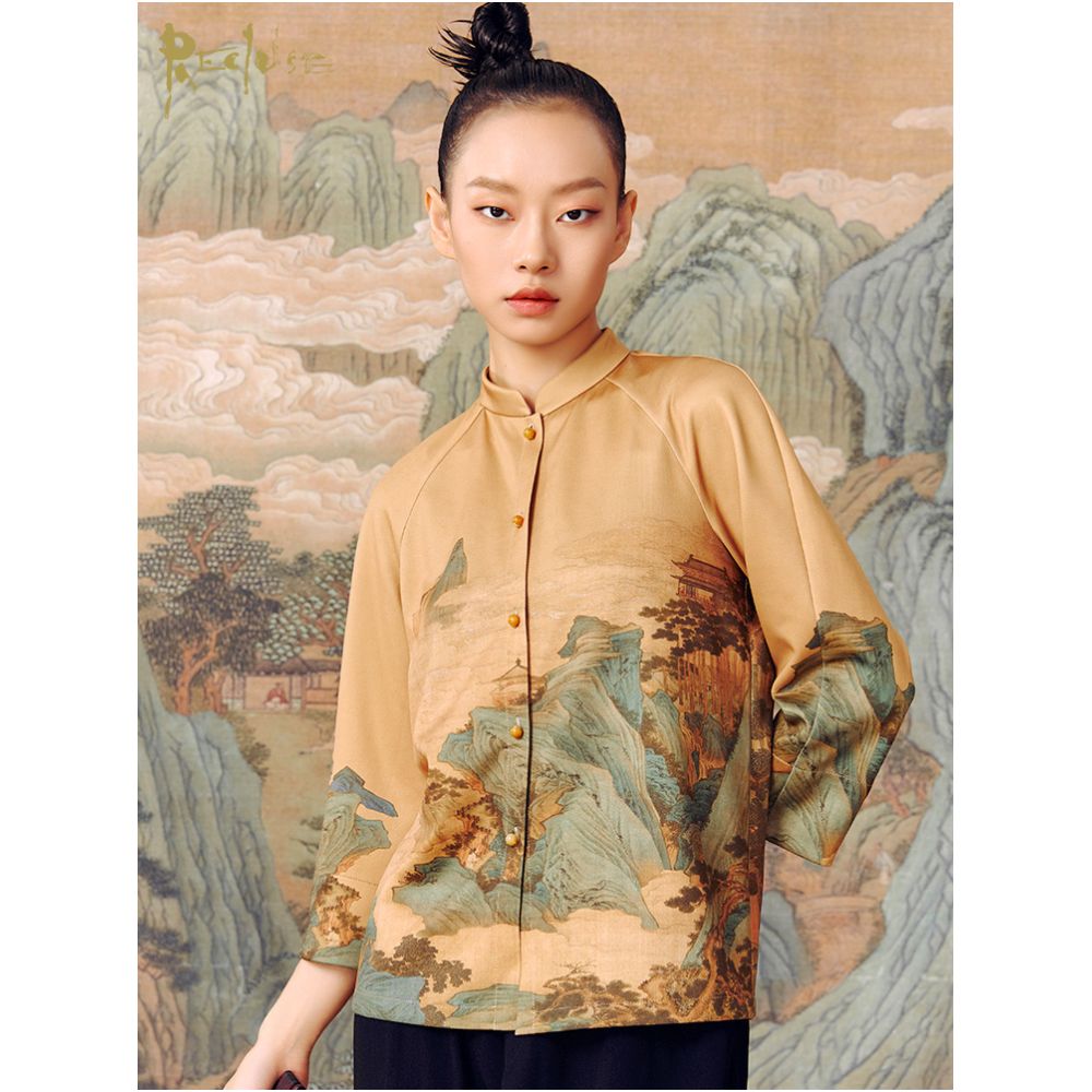 RECLUSE Shanyin Qinglv Landscape Knitwear Printed China Chic Coat New Chinese Stand Collar Tang Style Top Women s Wear image 12