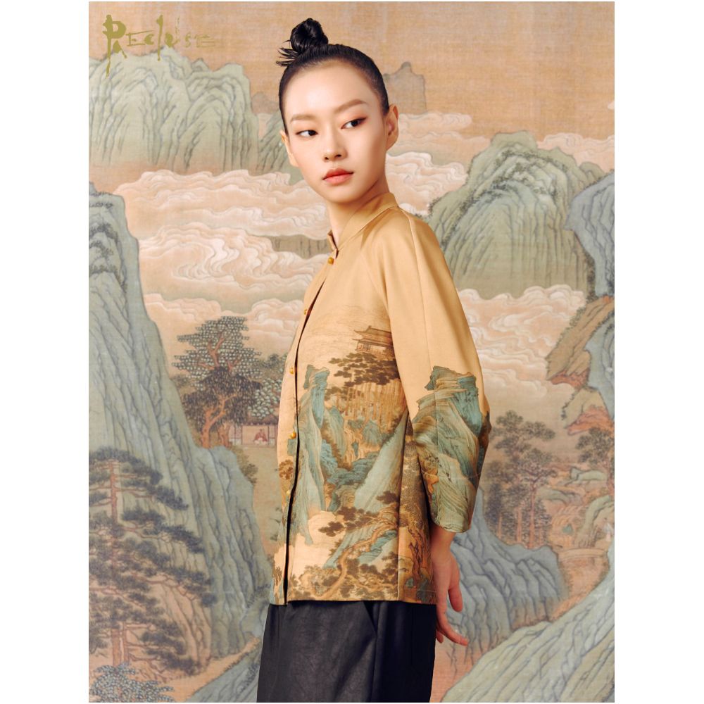 RECLUSE Shanyin Qinglv Landscape Knitwear Printed China Chic Coat New Chinese Stand Collar Tang Style Top Women s Wear image 13