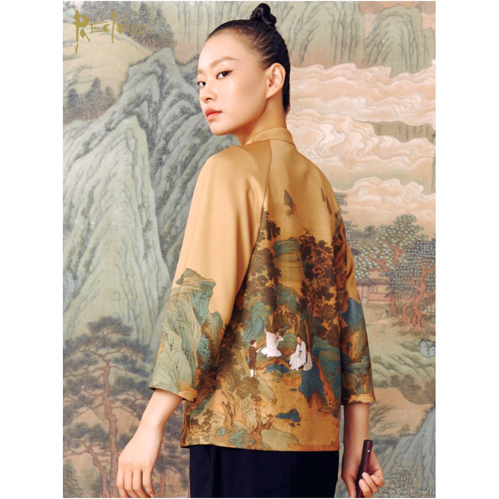RECLUSE Shanyin Qinglv Landscape Knitwear Printed China Chic Coat New Chinese Stand Collar Tang Style Top Women s Wear image 1