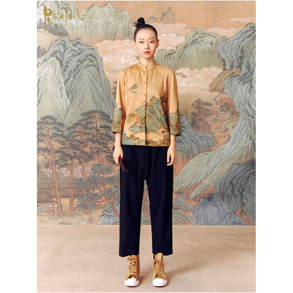 RECLUSE Shanyin Qinglv Landscape Knitwear Printed China Chic Coat New Chinese Stand Collar Tang Style Top Women s Wear image 2