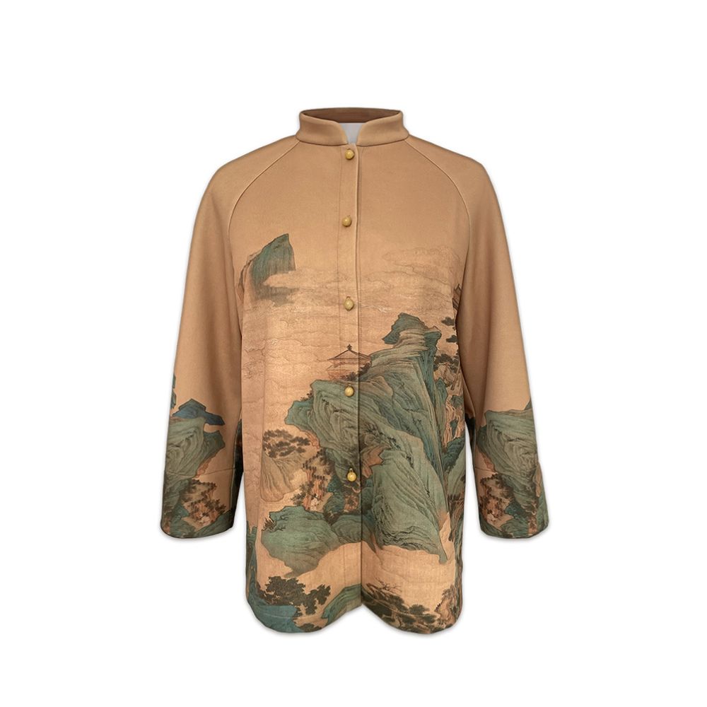 RECLUSE Shanyin Qinglv Landscape Knitwear Printed China Chic Coat New Chinese Stand Collar Tang Style Top Women s Wear image 3