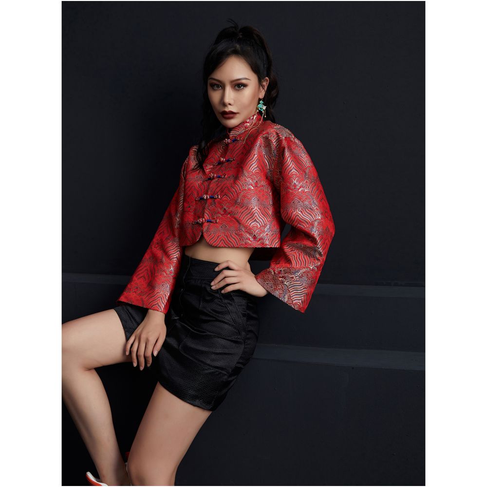 Asaya1500 - New Chinese Retro Fashionable Mixed Style Plate Buckle Short Sleeve Jacquard Tang Dress Short Top S