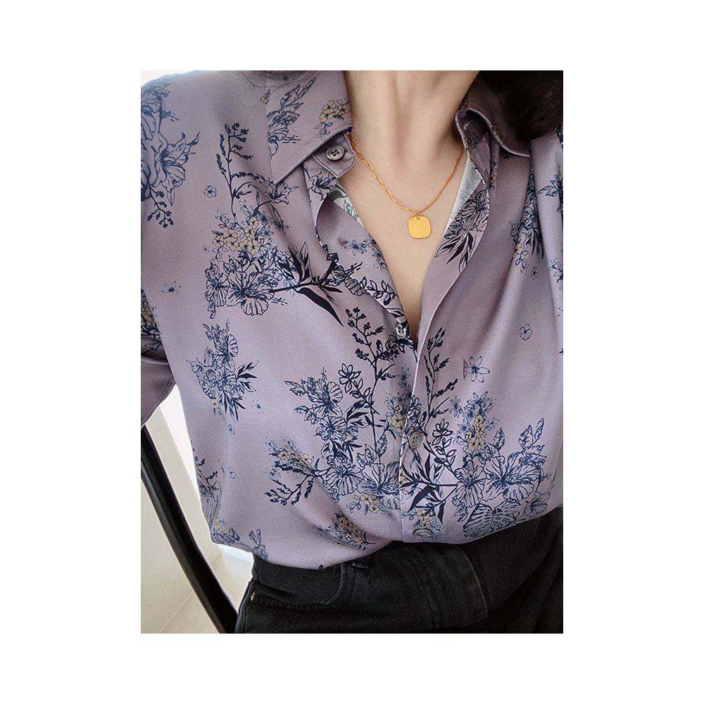 National style cool and high JI feeling grey lilac ink printing silk smooth sand washing elastic satin long sleeved silk shirt image 2