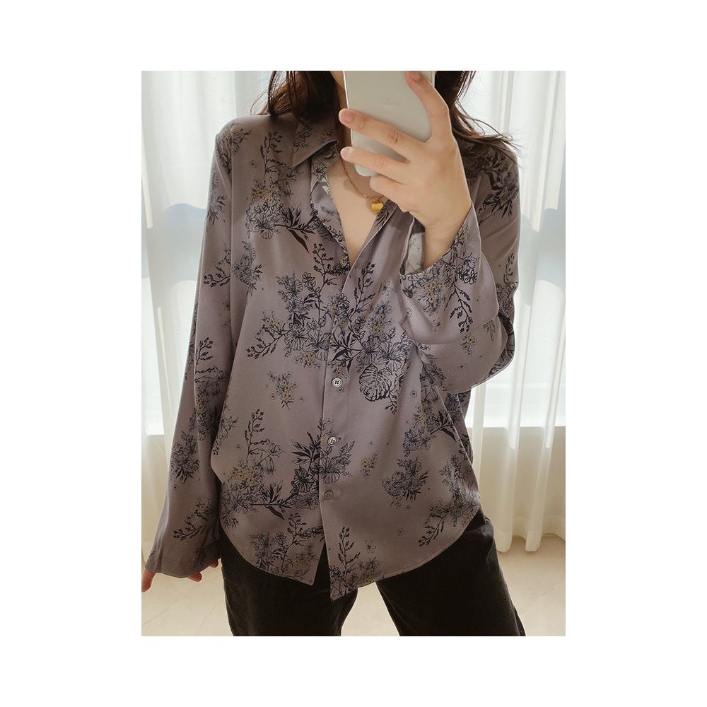 National style cool and high JI feeling grey lilac ink printing silk smooth sand washing elastic satin long sleeved silk shirt image 4