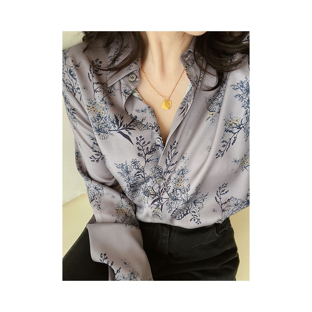 Asaya1474 - Four Seasons Tyrant Cool Grade Ink Floral Print Loose Silk Shirt Top