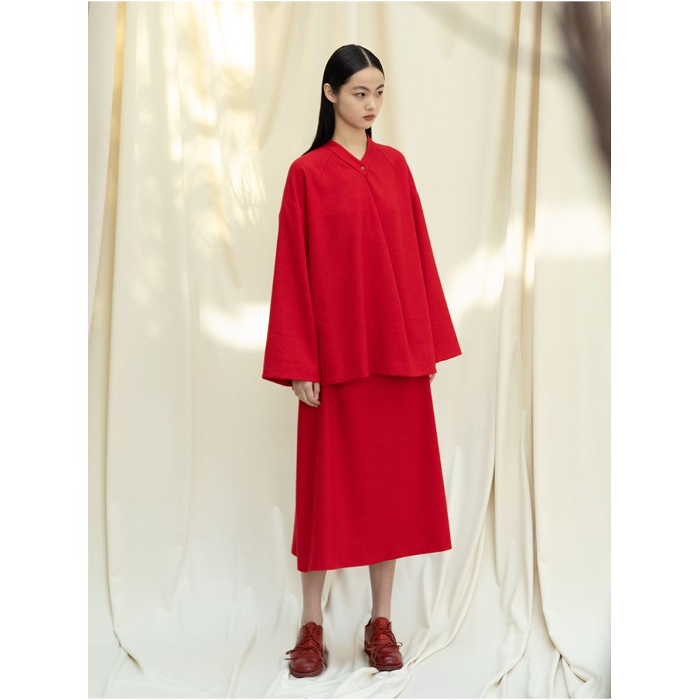 Asaya1438 - Knitted fabric three dimensional cutting Chinese elements high cold and bright red shirt set