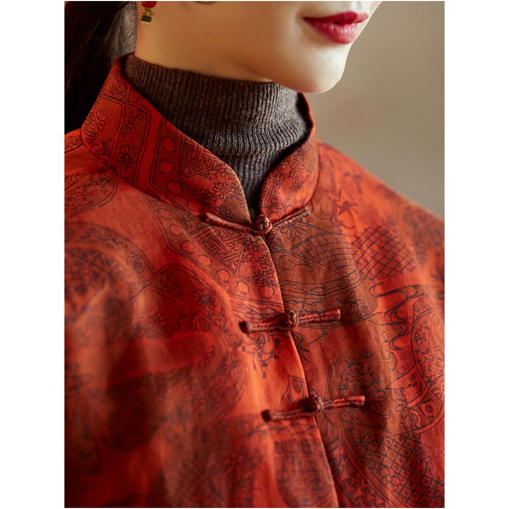 Happy New Year coming from the east with good luck Yu Er s original copper ammonia hemp cotton red short jacket Chinese style standing collar buttoned cotton jacket for women image 4