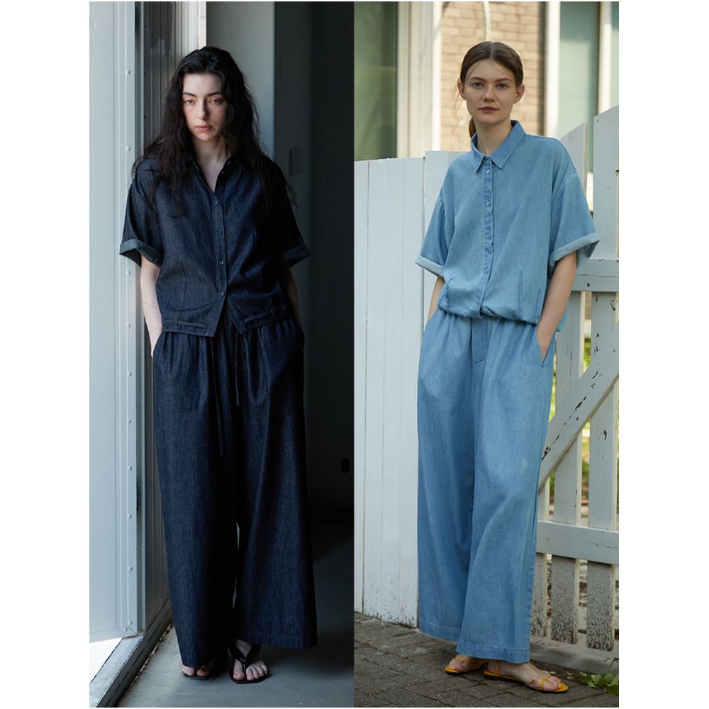 ItoshIroshI deep indigo washed denim cotton thin soft classic lapel short drawstring loose shirt jacket image 1