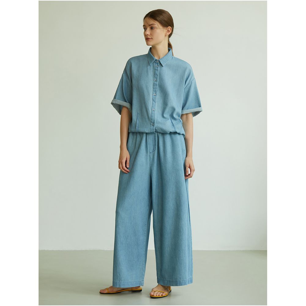 ItoshIroshI deep indigo washed denim cotton thin soft classic lapel short drawstring loose shirt jacket image 4