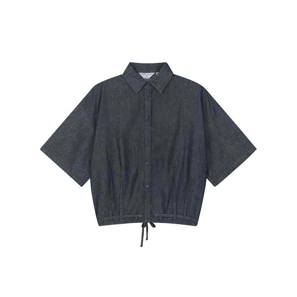ItoshIroshI deep indigo washed denim cotton thin soft classic lapel short drawstring loose shirt jacket image 7