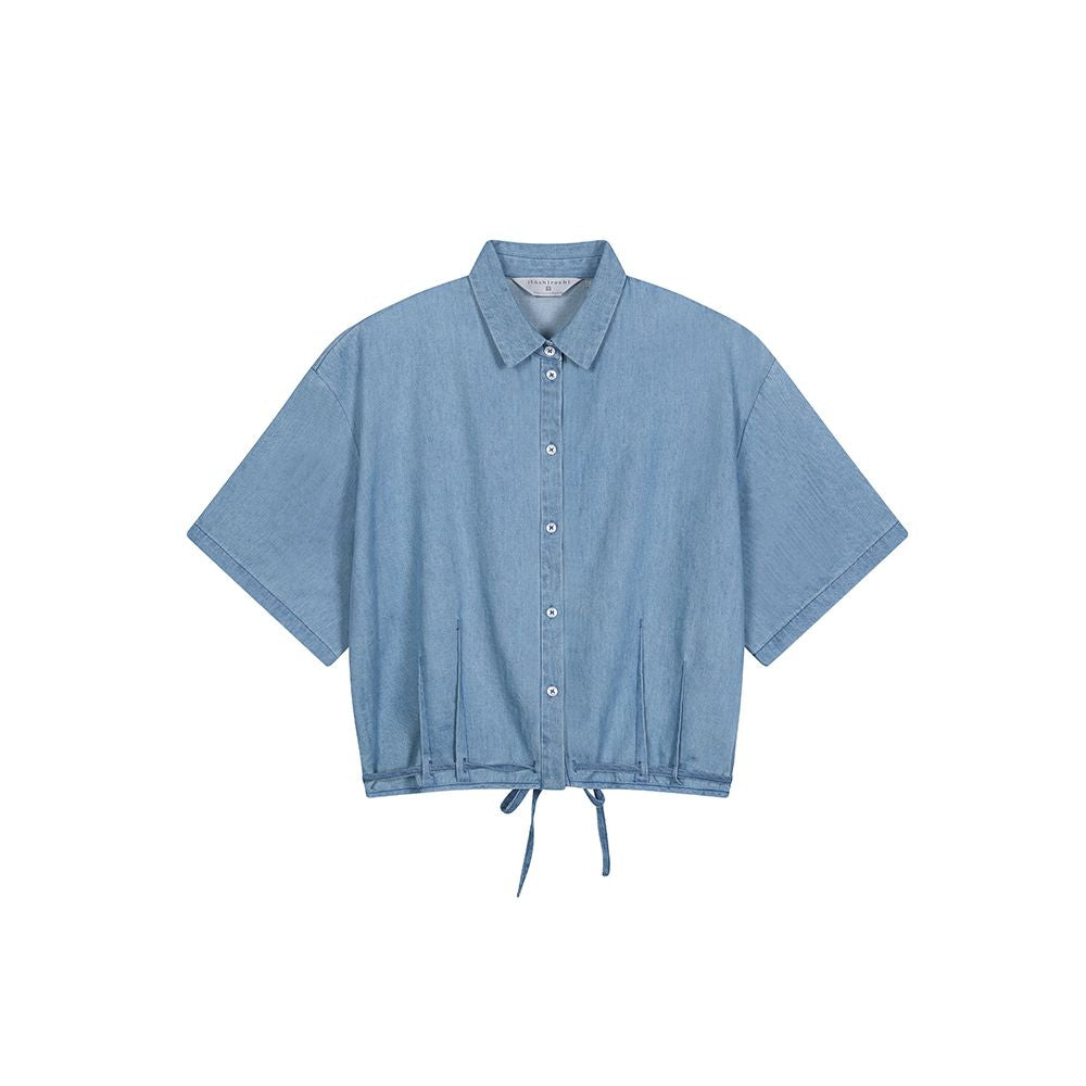 ItoshIroshI deep indigo washed denim cotton thin soft classic lapel short drawstring loose shirt jacket image 22