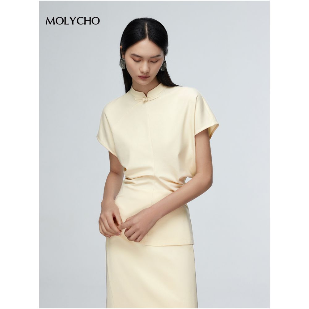 MOLYCHO retro new Chinese style stand up collar short sleeved T shirt for women in summer slim fit and slimming bat sleeve split waist top image 1