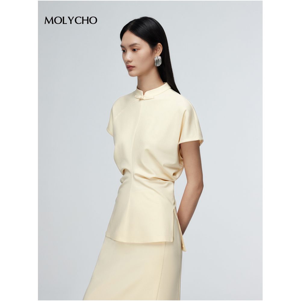 MOLYCHO retro new Chinese style stand up collar short sleeved T shirt for women in summer slim fit and slimming bat sleeve split waist top image 2