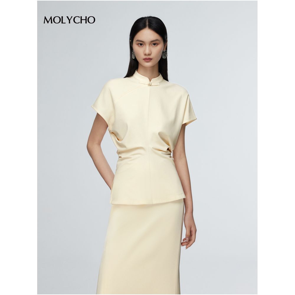 MOLYCHO retro new Chinese style stand up collar short sleeved T shirt for women in summer slim fit and slimming bat sleeve split waist top image 3