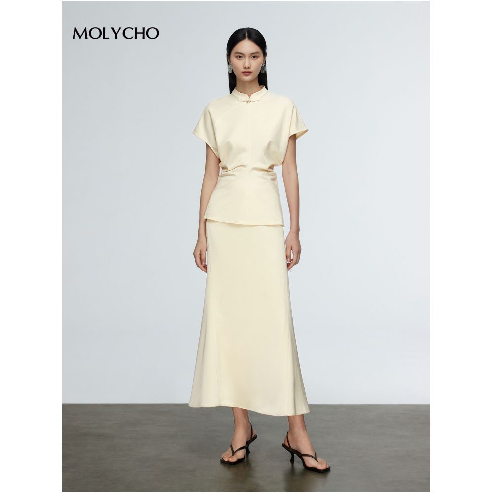 MOLYCHO retro new Chinese style stand up collar short sleeved T shirt for women in summer slim fit and slimming bat sleeve split waist top image 4