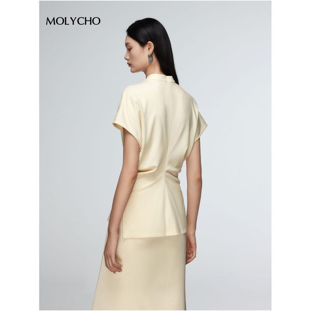 MOLYCHO retro new Chinese style stand up collar short sleeved T shirt for women in summer slim fit and slimming bat sleeve split waist top image 5