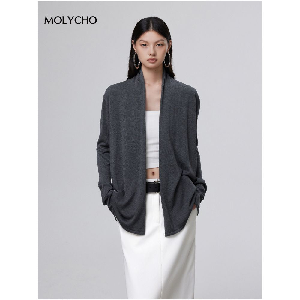 MOLYCHO early autumn lazy style knitted cardigan women s autumn outer sweater jacket medium long temperament loose top image 3