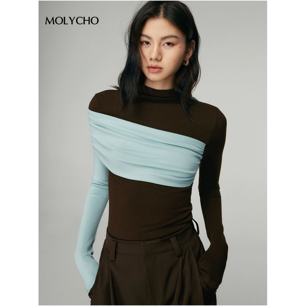MOLYCHO Color blocked splicing Half high neck long sleeved T shirt for women Interior base small shirt slim fit top image 1